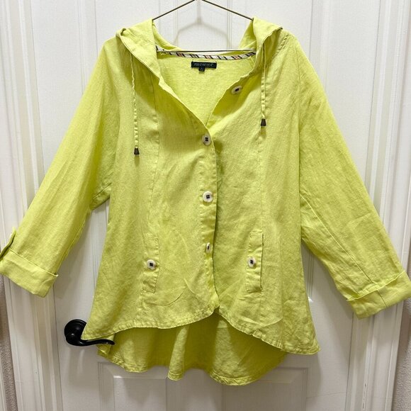 For Cynthia Women’s 100% Linen Tunic Jacket Size L Green Asymmetrical Hooded - Picture 12 of 12